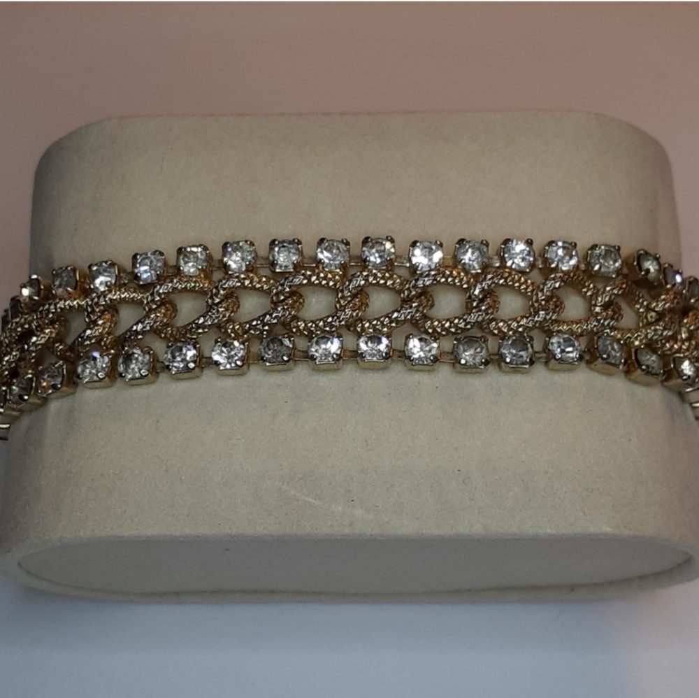 Vintage Mid Century Silver & Gold Tone Bracelet with Rhinestones